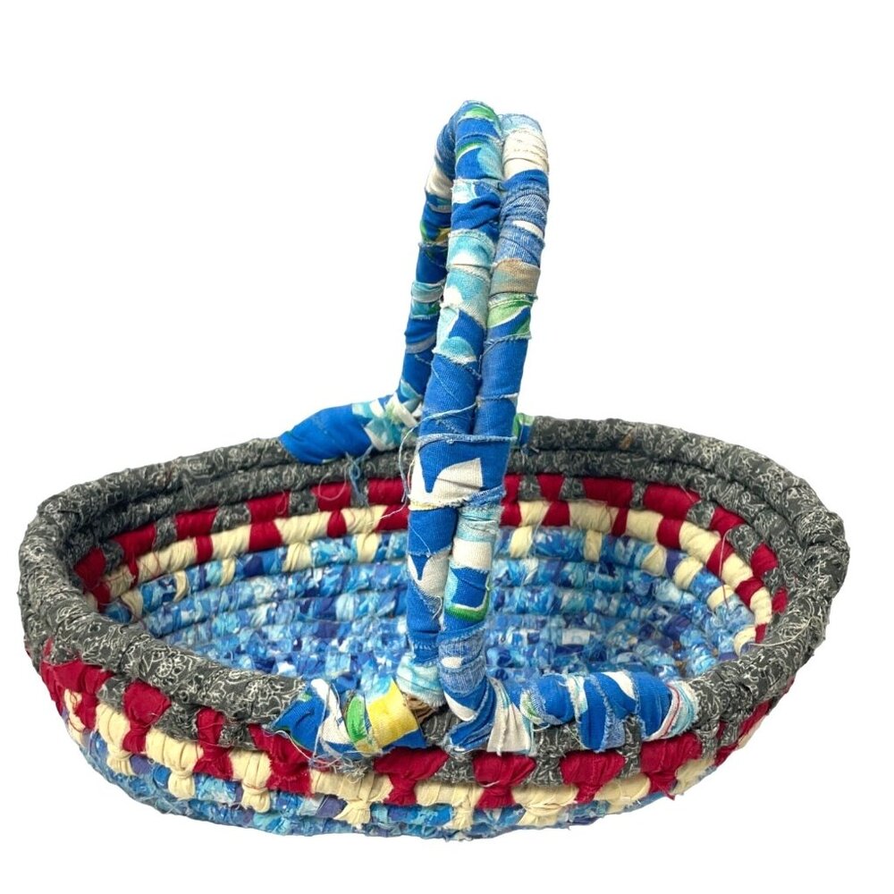 Coiled Rag Basket with Handle Vintage Rustic  12”x12” Handmade Cloth